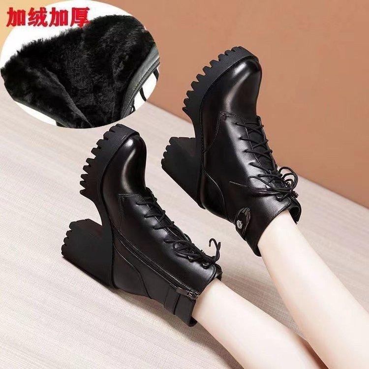 Autumn and winter new women's leather boots high heel thick heel short boots women's fashion thick heel waterproof table small women's Martin boots