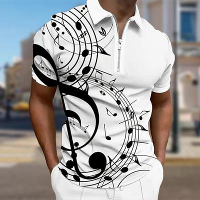 Men's Shirt Polo Casual Zip Short Sleeve Fashion Casual Zipper Summer Spring Regular Fit Coconut Tree&Notes&Horn 3D Print Shirt