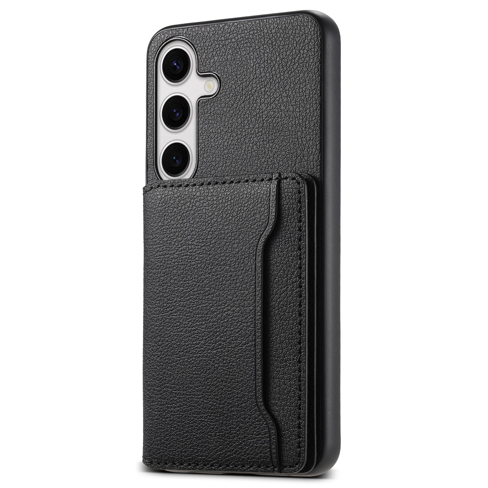 

Чехол для Samsung Galaxy S25+ с отделениями для карт, подставкой, задняя крышка телефона из кожи с текстурой теленка Black