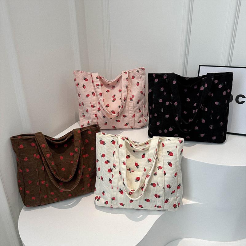 Forest Fresh Corduroy Handbag Strawberries Sweet Versatile Shoulder Bag Large Capacity Commuter Women'S Tote Bag