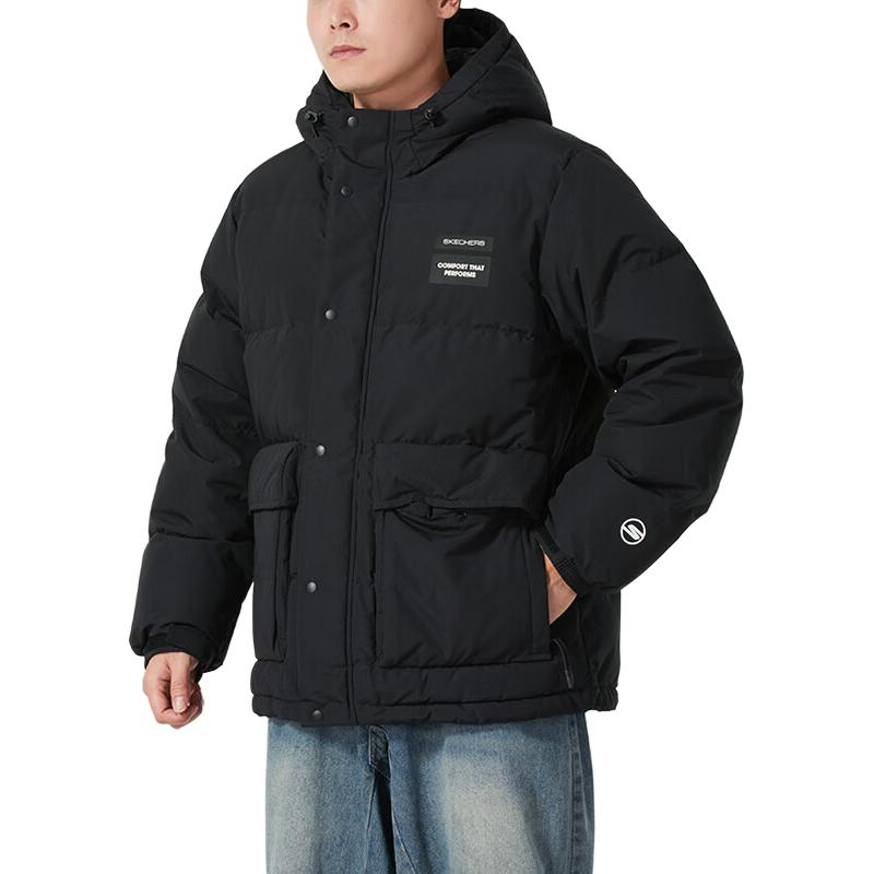 Skechers Basic Sports Series Comfortable Fashionable Warm Hooded Versatile Jacket Down Coat Men outerwear Carbon-Black P424M057-0018