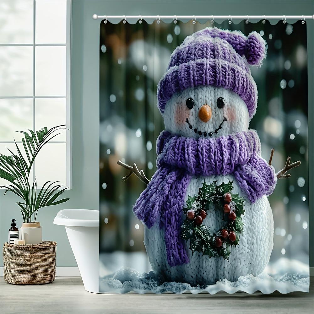 

Cute Snowman Shower Curtain - Purple Knit Hat & Holly Wreath, Winter Wonderland Bathroom Decor W60H190(CM)-1 Pcs