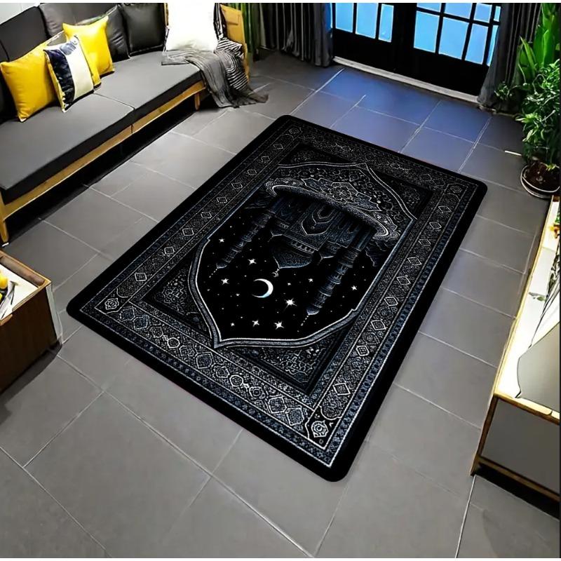 

Islamic Geometric Border Rug - Navy Blue with Gold Ornate Motif Non-Slip Large Area Mat for Luxe Cultural Decoration Fashion 50x80cm