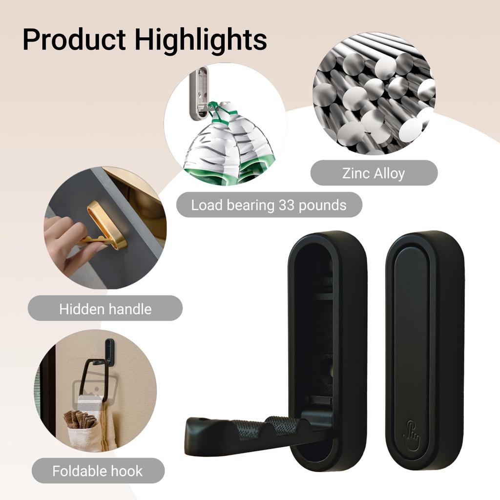 Foldable Wall Hooks Heavy Duty - Zinc Alloy Hidden Handle with Anchors/Screws, Space-Saving for Bathroom, Kitchen, Closet, 33lb Capacity, Wall