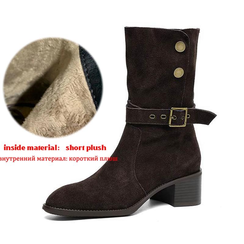 

Krazing Pot Cow Suede Nubuck Winter Round Toe Modern Boots Med Heels Slip on Metal Rivets Women Mid-calf Boots 42