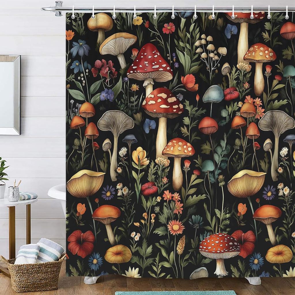 Boho Witchy Mushroom Floral Shower Curtain, Dark Vintage Botanical Wildflower Rustic Farmhouse Bathroom Curtain With Hooks