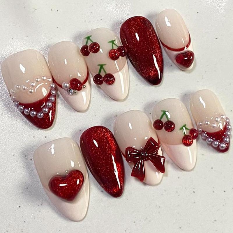 24PCS Colorful 3D Cherry Flowers Almond False Nails with Glue Leopard Print French Press on Nails Full Cover Golden Heart Nails