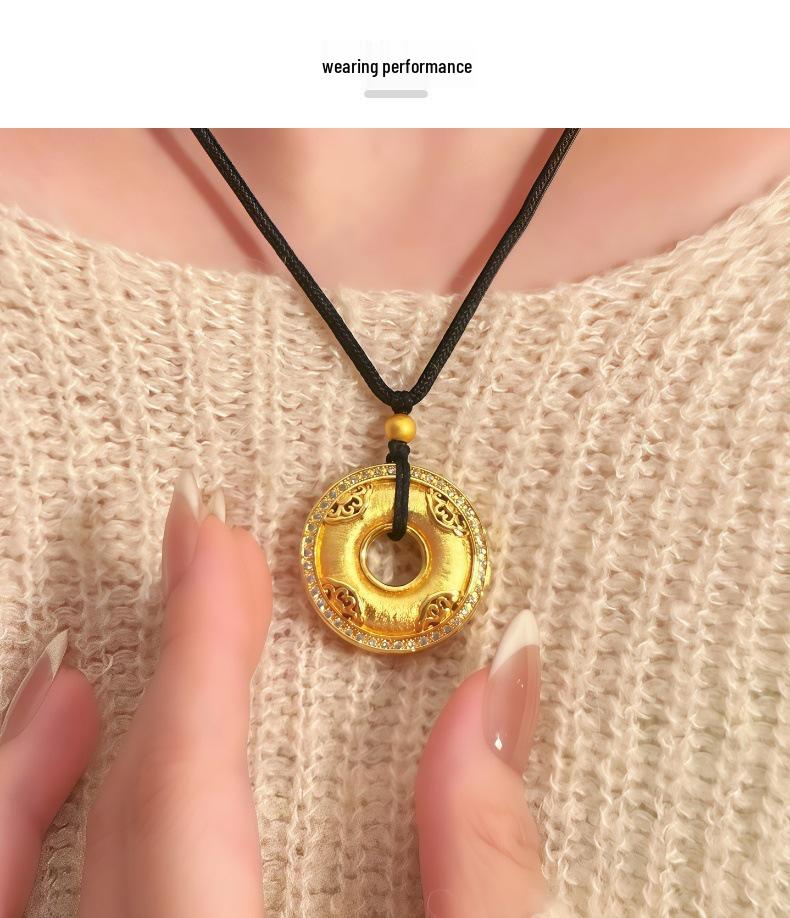 Chinese-Style Gold-Plated Peace Buckle Pendant Necklace with Rhinestones & Black Cord