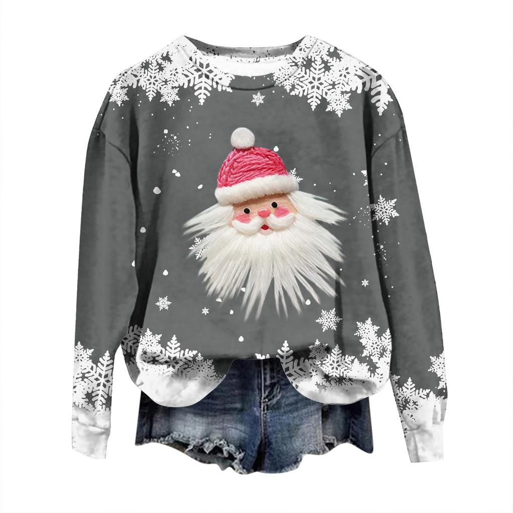 Damemote juletrykt langermet løs sweatshirt med rund hals
