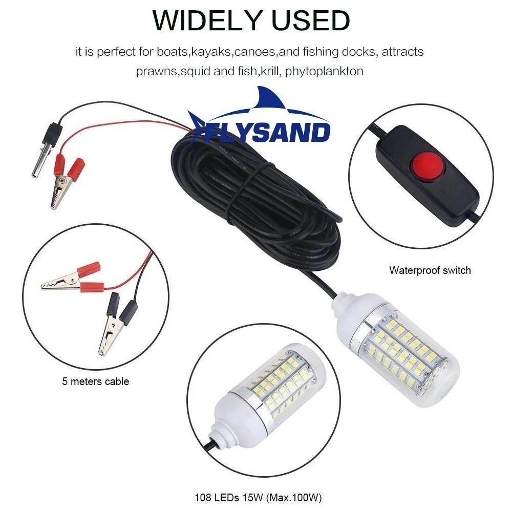 12V 15W LED Fishing Light with 108 LEDs Waterproof Bait Fish Collector Light for Raft Fishing and Plumbing Use