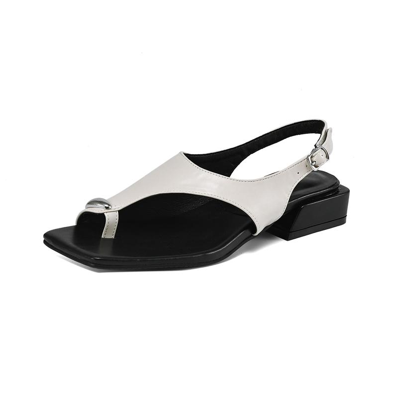 

Fashion Women s New Spring/Summer Square Head Metal Accessories Open Toe Middle Heel Loose Tight Buckle Large Beach Sandals 33 бежевый