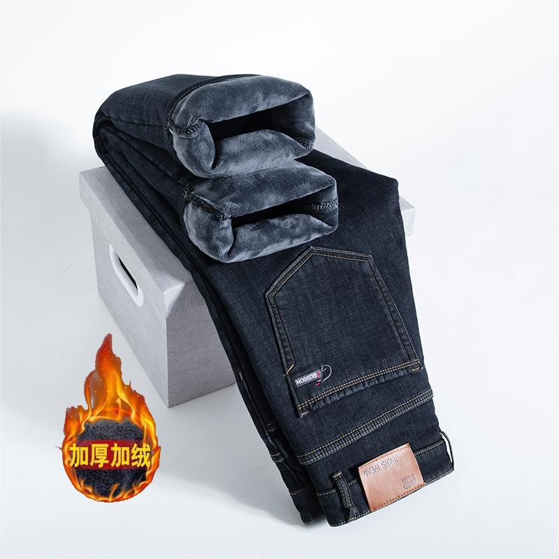 Winter Fleece Thickened Lamb Wool Jeans Straight Loose Business Large Size Elastic Thermal Casual Pants