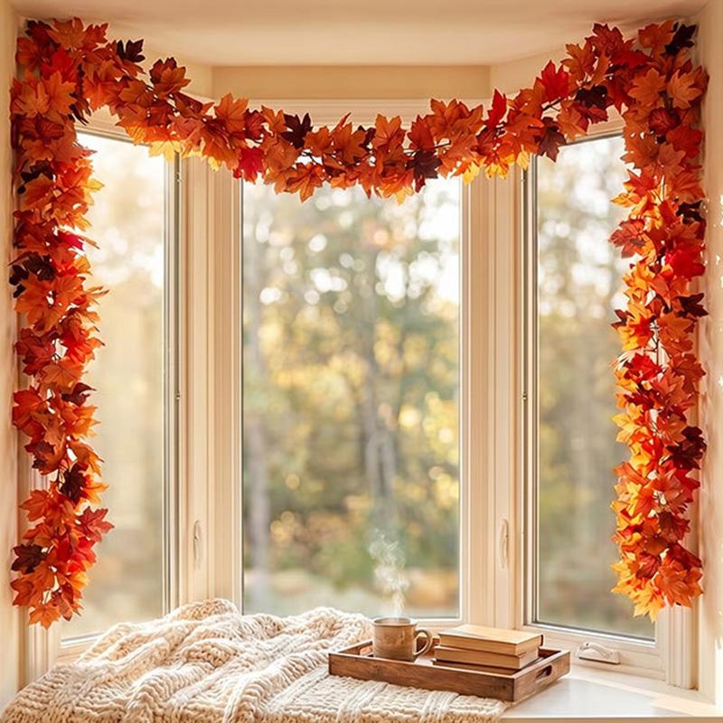 Artificial Maple Leaves Halloween Thanksgiving Decoration Autumn Fall Leaf Simulated Maple Leaf Garland Fallen Leaves Rattan