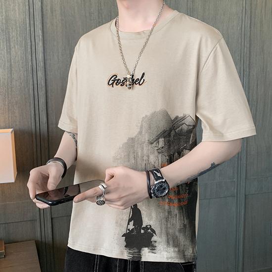 Short Sleeved T-shirt for Men's Thin Summer Trend Ink Style Half Sleeved Casual and Handsome Fashion Top