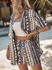 2025 Elegant Two-Piece Vacation Print Set: Short Sleeve Tie-Waist Shirt & High-Waist Shorts