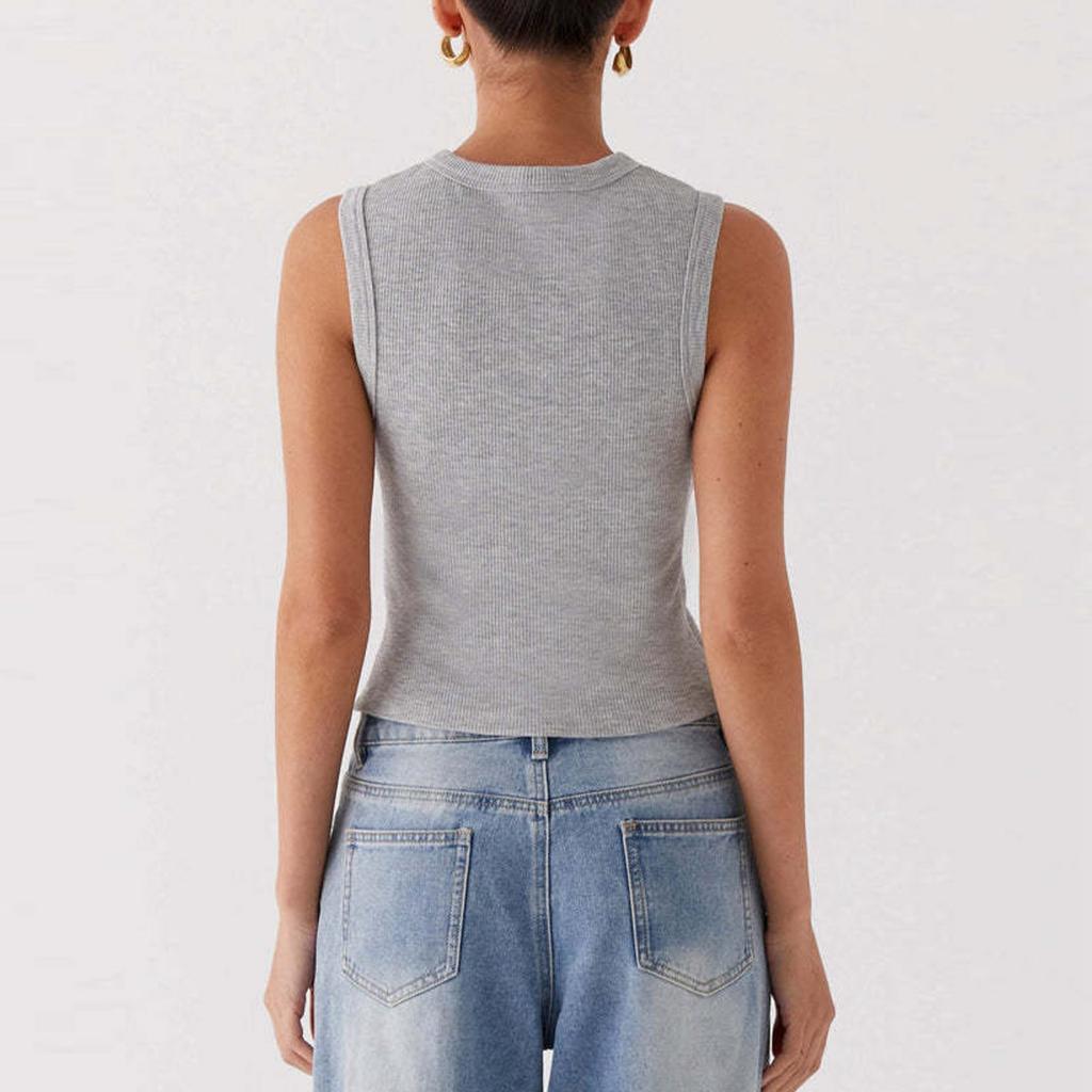 Women's Fashionable Casual Slim Fit Short Ribbed Sleeveless Button-Up Vest T-Shirt