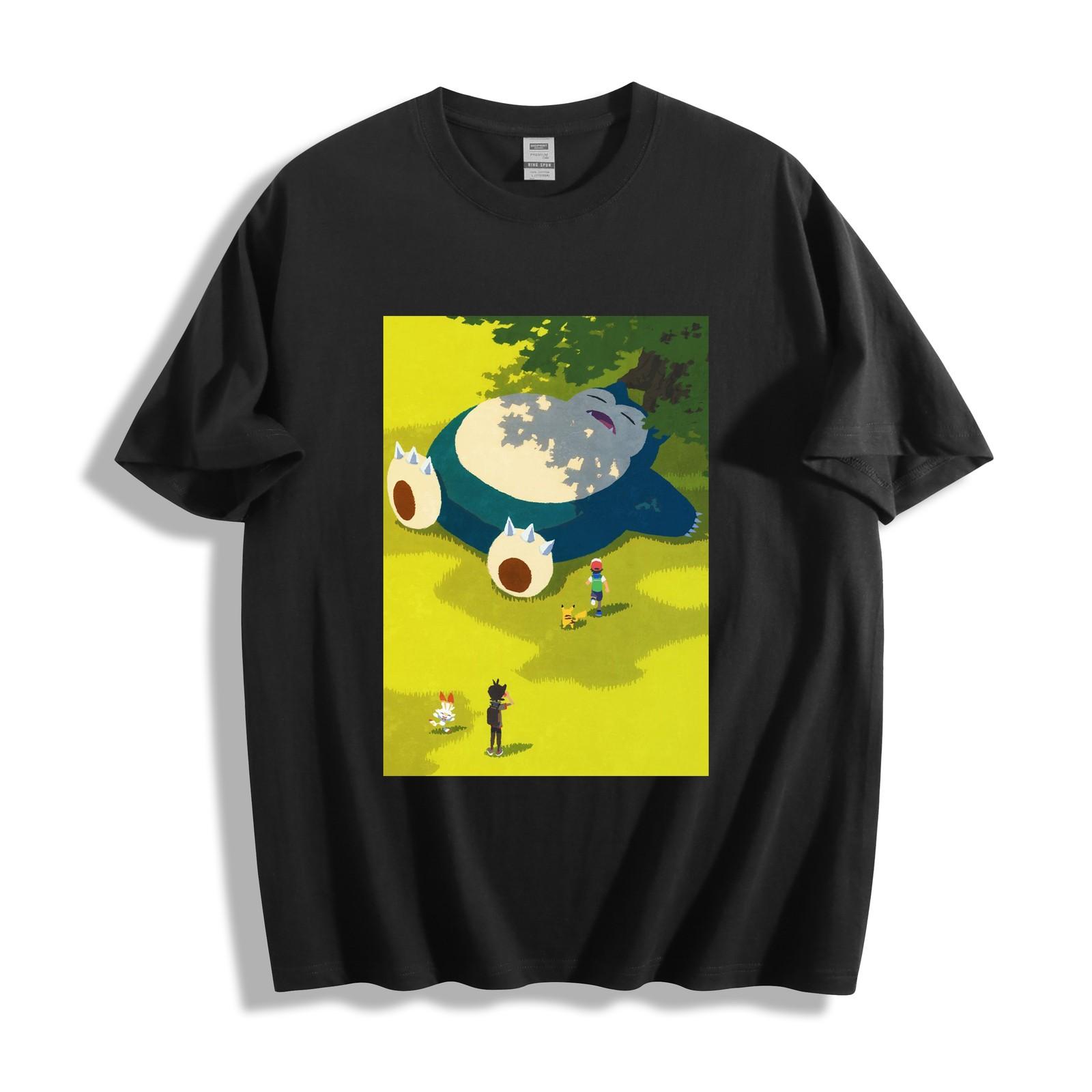 Snorlax and Trainers Pokémon T-Shirt Mens Womens Tees Top - Scenic Anime Art Unisex Tee XL