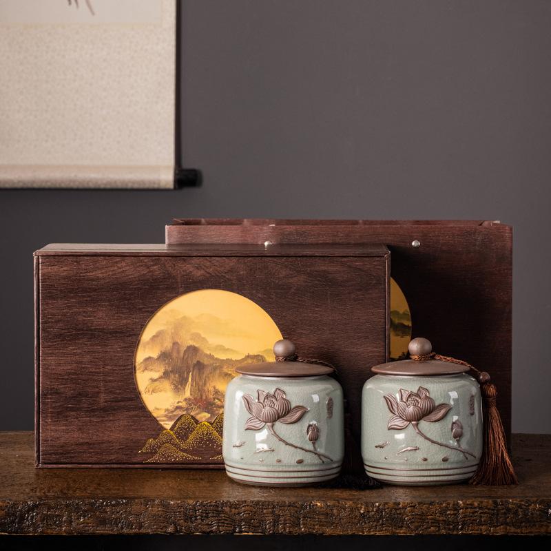 Ceramic tea cans, Ge kiln double cans, storage jars, black tea, Pu'er, Tieguanyin, green tea, tea packaging gift set