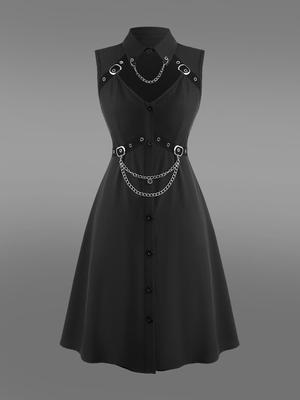 Rosegal Gothic Cut Out Panel Full Buttons Chain Buckle Grommet Solid Sleeveless A Line Dress