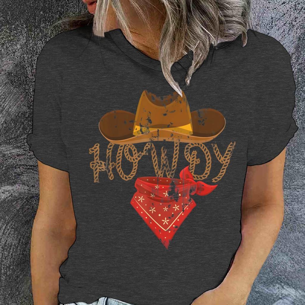 Retro Howdy Cowgirl Print T-shirts For Women Summer Short Sleeve Crew Neck T-shirt Vintage Graphic Tops Tie Dye T-shirts