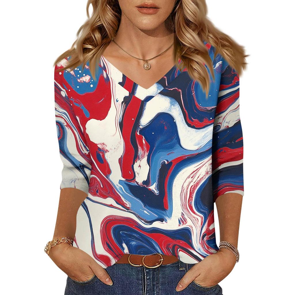 Women's Tops Three-quarter Sleeve Shirt V-neck Loose Casual Shirt Floral Print T-shirt