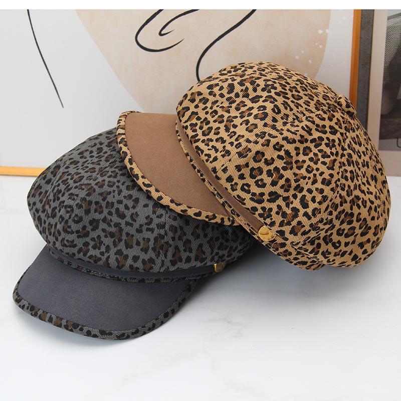 Cappello ottagonale con stampa leopardata autunnale e invernale da donna, cappello da strillone a splicing retrò, cappello da pittore alla moda versatile per il viso, stile britannico piccolo