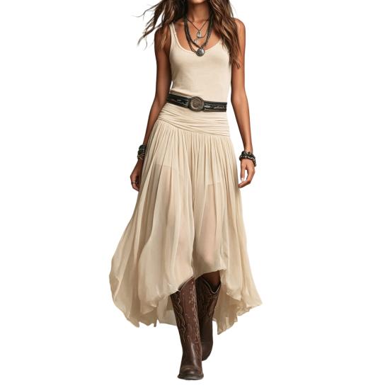 Women's Sleeveless Tank Dress Mesh Patchwork Ruched A-line Long Dress Summer Flowy Beach