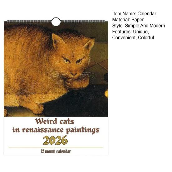 2026 Cat Wall Calendar Funny Weird Cats In Renaissance Art Monthly Planner with Clear Date Boxes Spiral Bound Calendar for Home Unique Cat Lover Gifts