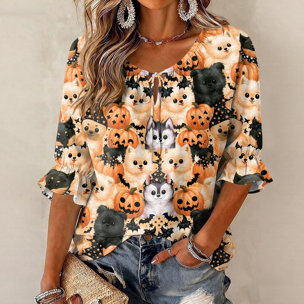Women's Halloween Print Round Neck Tie Front Ruffle Blouse Three-Quarter Sleeves