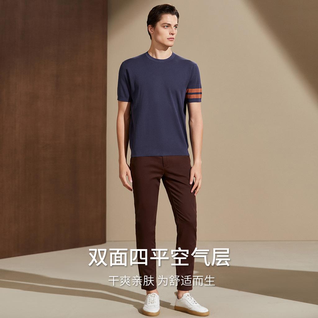 180 Piece Pure Cotton Knit Double-Sided Four Flat Contrasting Round Neck Short-Sleeved Knitted Shirt for Men's Autumn and Winter Base T-Shirt