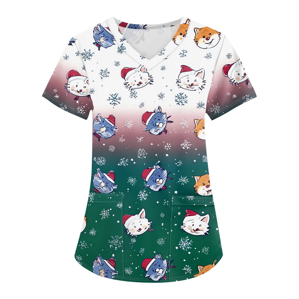 Dámské módní pracovní oděvy s krátkým rukávem a výstřihem do V s kapsami Vánoční topy s potiskem