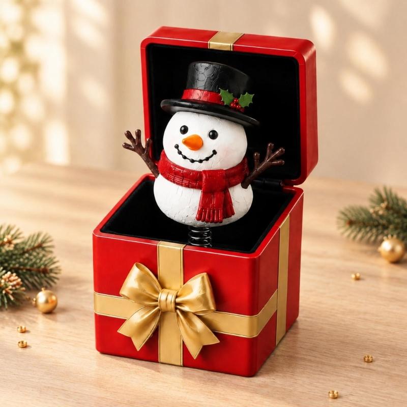 Hinged Christmas Gift Box Toy with a Spring-Mounted Figure That Rises As the Lid Opens for Holiday Gift Giving