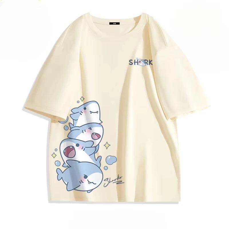 2025Summer Ice Silk Blue Top Youth Breathable Half Sleeve Large Loose Tee Men's Cute Shark Cartoon Print Short Sleeve T-shirt