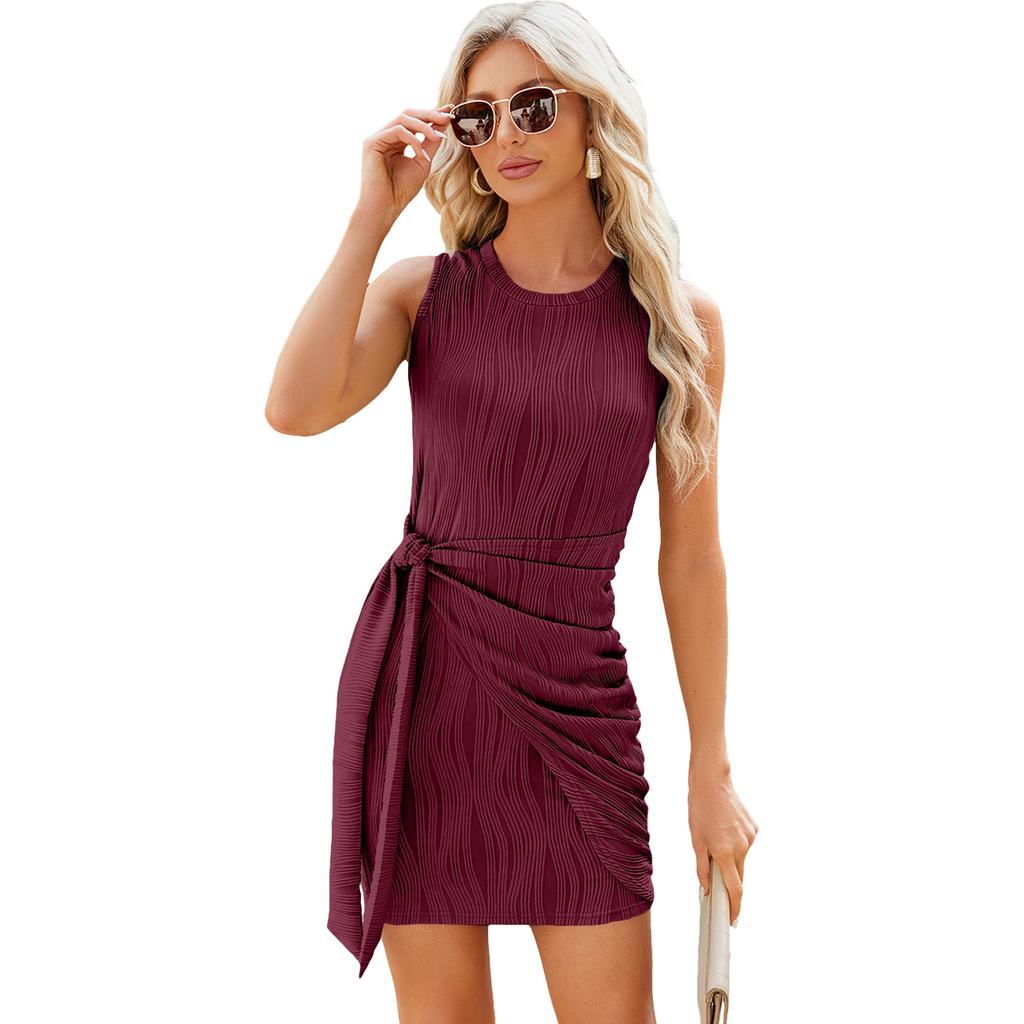 Spring Summer Dress Solid Color Round Neck Pleated Tie Knit Vest Dresses