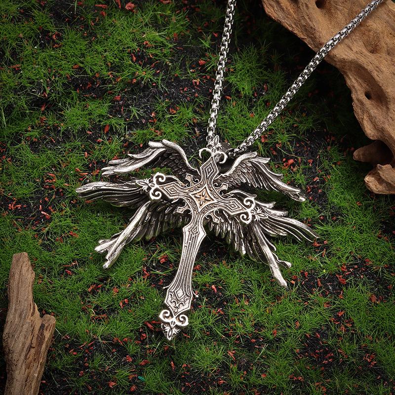 Retro Fiery Angel Wings Cross Necklace - for Both Men and Women. Personalized Wings Alloy Pendant for Sweater. Chain