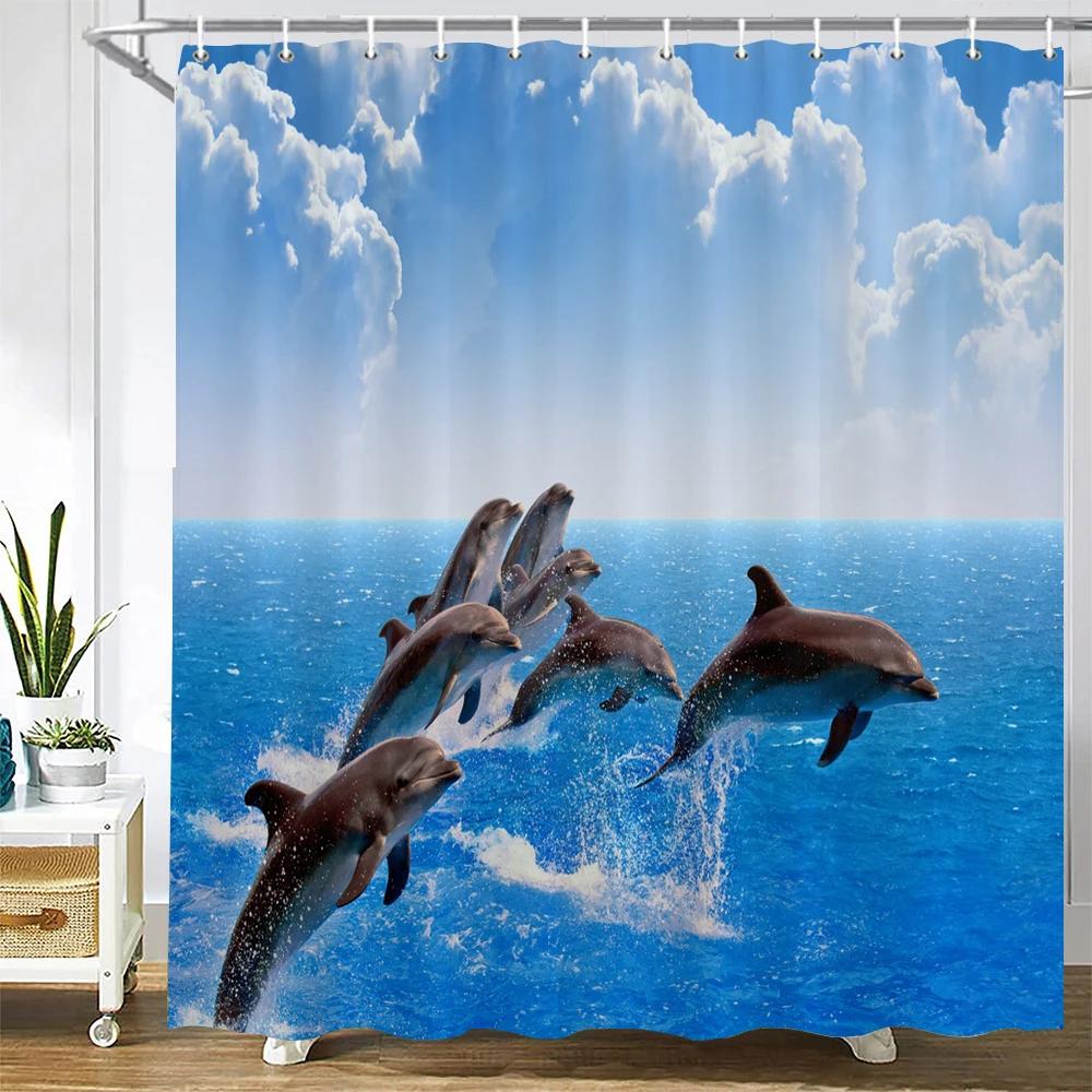 

3D Printing Ocean Dolphin Bathroom Shower Curtain Sea Landscape Home Decoration Waterproof Polyester Curtain With Hook Curtain W60H190(CM)-1 Pcs