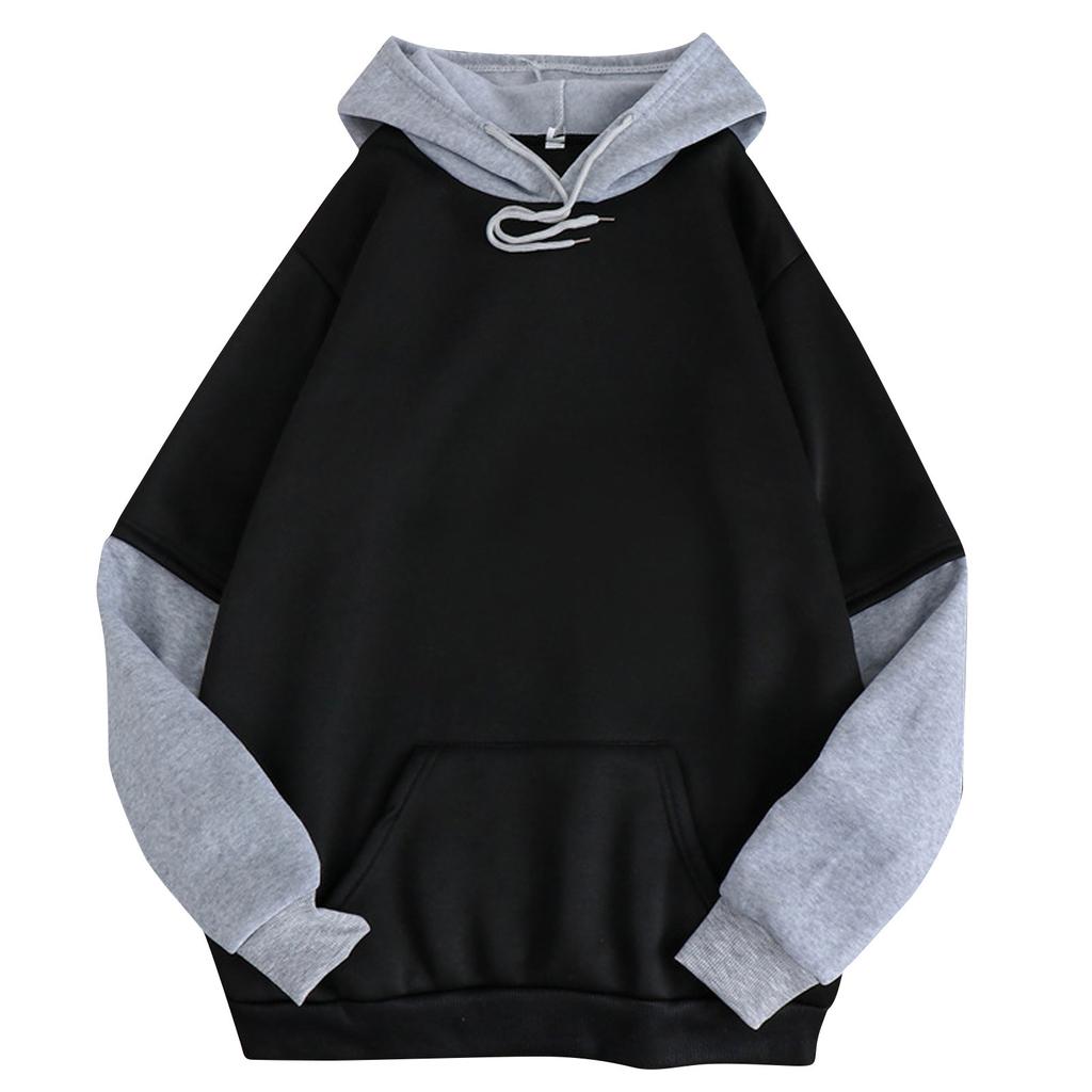 Women Casual Solid Long Sleeve Splited Patchwork Hoodie Sweatshirt Pullover Top