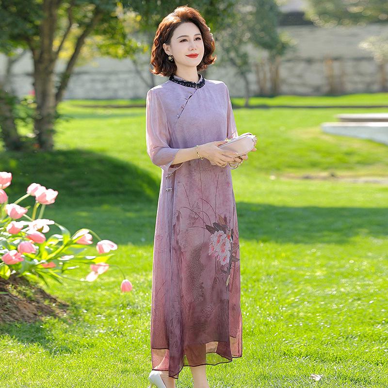

Elegant 40s-50s Style Chiffon Dress for Middle-Aged Women - Loose, Faux Two-Piece Design with Belly Coverage XL (45-52kg)