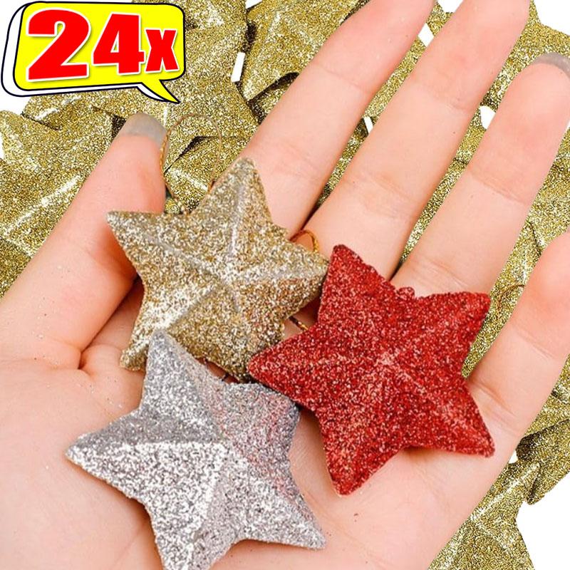 4/24PCS Glitter Star Christmas Tree Ornament Gold Pentagram Xmas Hanging Star Pendant Holiday Wedding Party Decoration Kids Gift