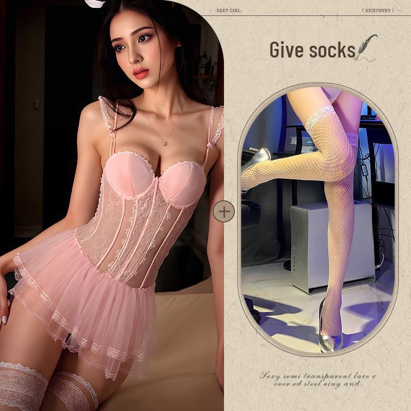 Plus Size Lace Cap Sleeve Fishbone Corset Push-up Camisole Dress with Underwire and Pads - See-through Lingerie