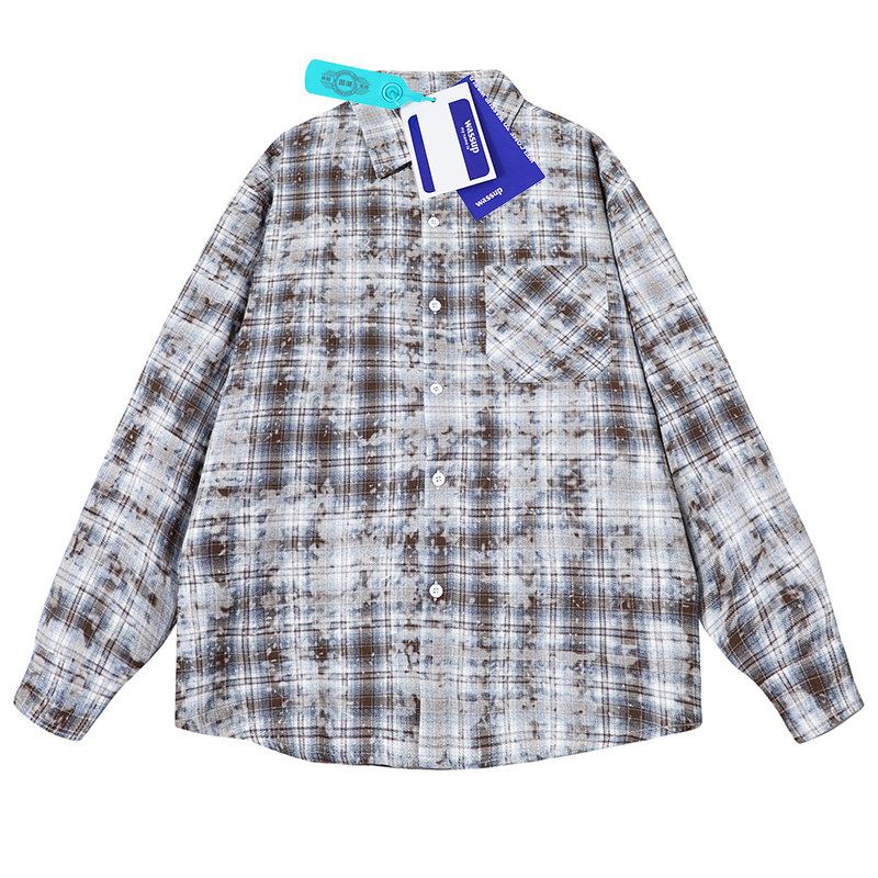 Wassup Trendy Tie-Dye Plaid Shirt for Men, Spring and Summer American Vibe Long-Sleeve Work Shirt, High Street Casual Jacket