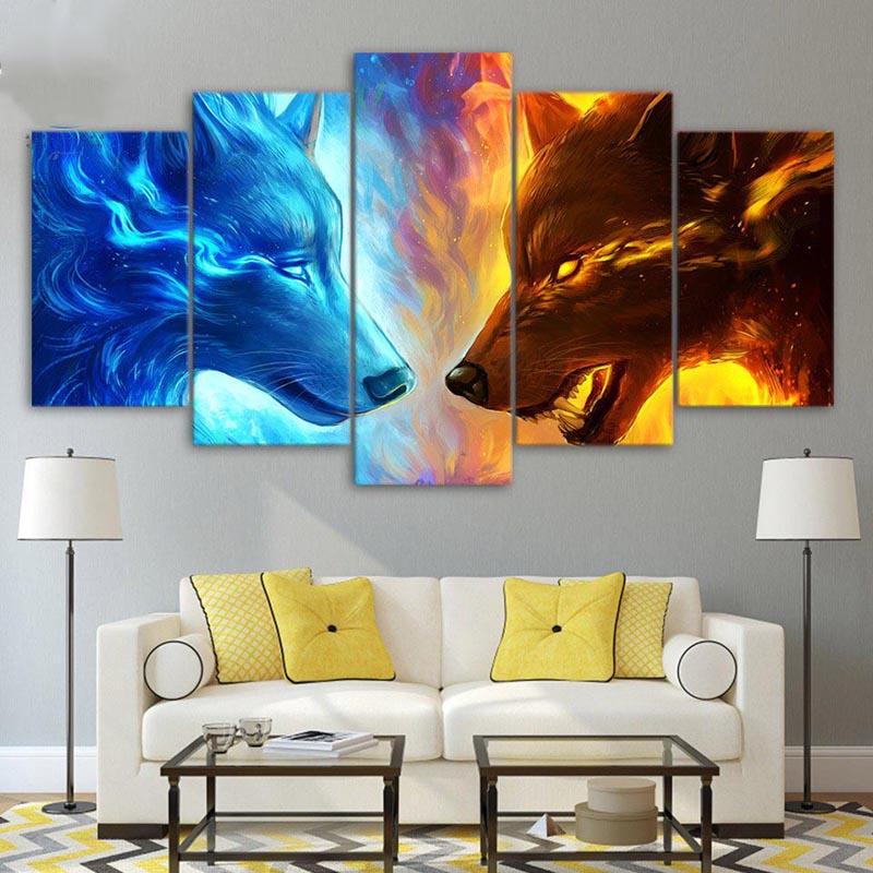 5 Panels Canvas Wall Art Animal Poster Painting And Print Fire and Water Wolf Wallpaper Living Room Decorative Frame Artwork