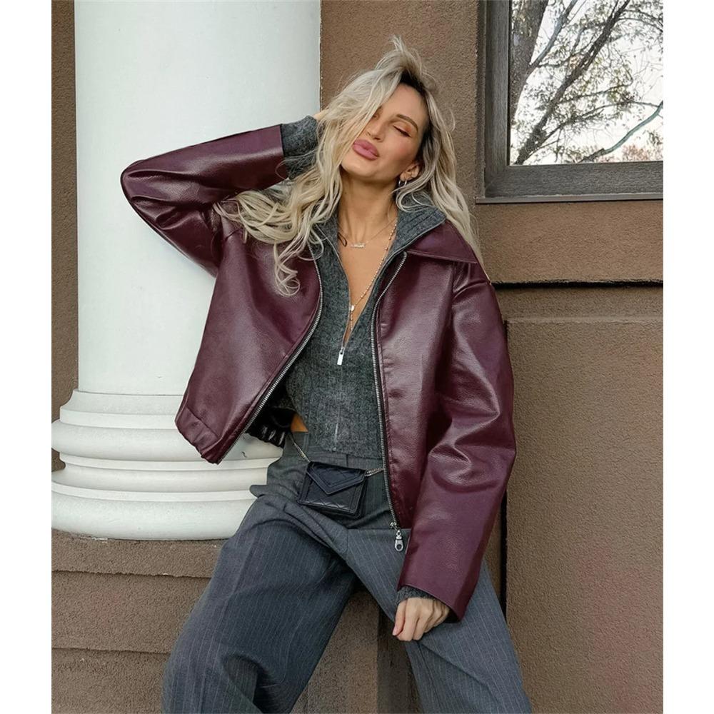 

Women Vintage Wine Red Faux Leather Jakcet Fashion Outerwear Zipper Lapel Pu Coats Autumn Winter Streetwear Ladies Short Tops L
