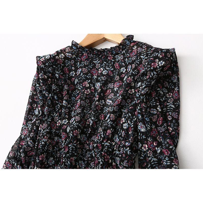 Foreign Trade Export Waist Hugging Slimming Elegant Stand Collar Retro Small Floral Long sleeve Chiffon Dress Two-piece Set Spring and Autumn