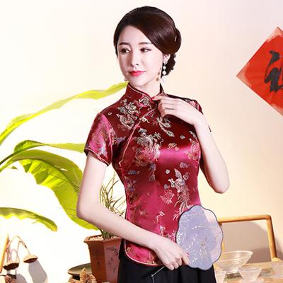 Camicia da donna in camicetta etnica con stampa drago fenice, manica corta cinese, colletto alla coreana