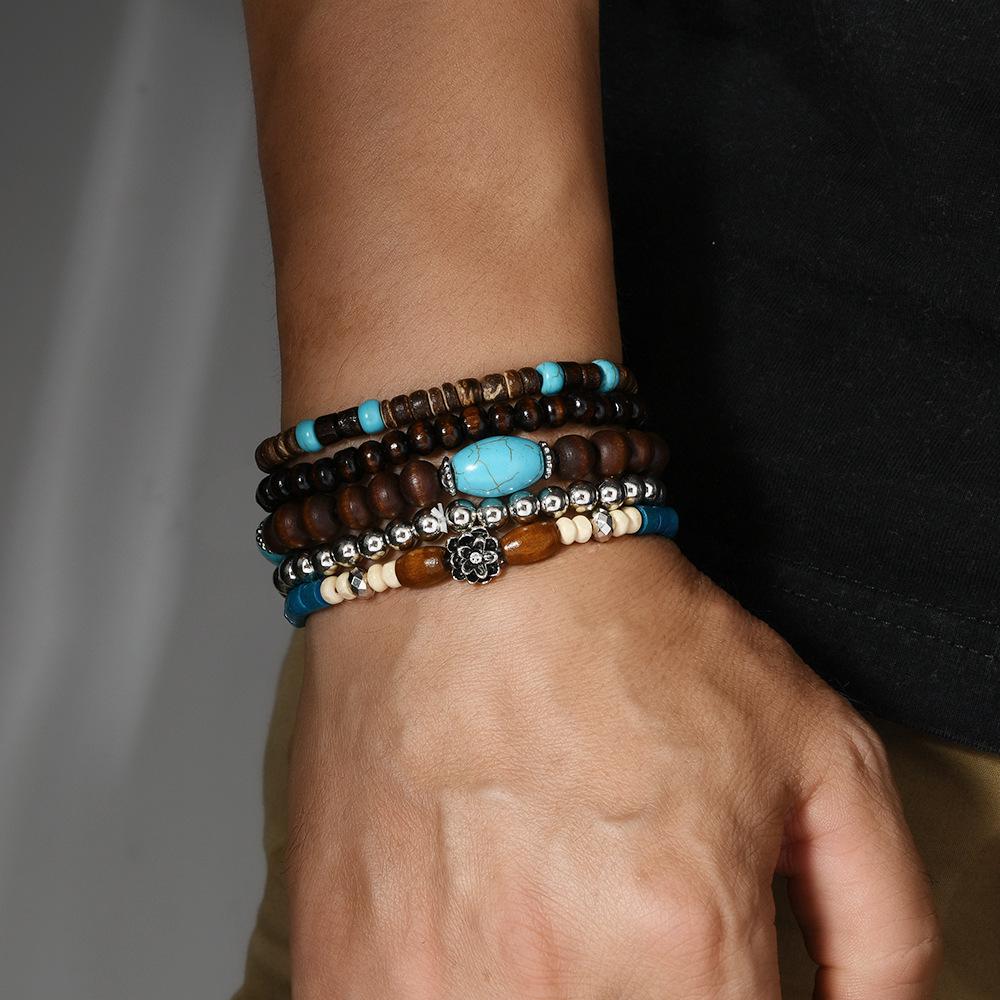 5-Piece Bohemian Wooden Bead and Turquoise Bracelet Set for Men and Women