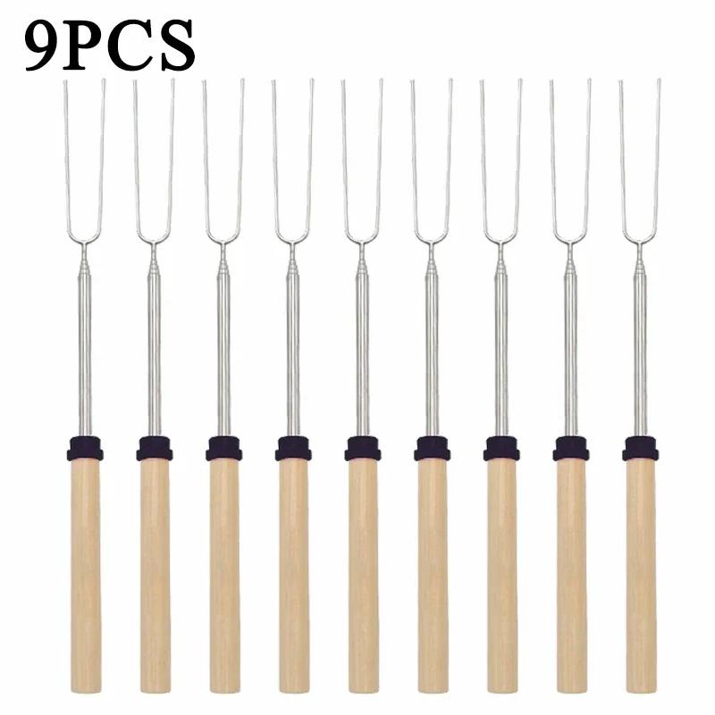 Telescoping Barbecue Fork Stainless Steel Double Metal Skewers Roasting Stick Smores Skewer for Hot Dog BBQ Picnic Camping