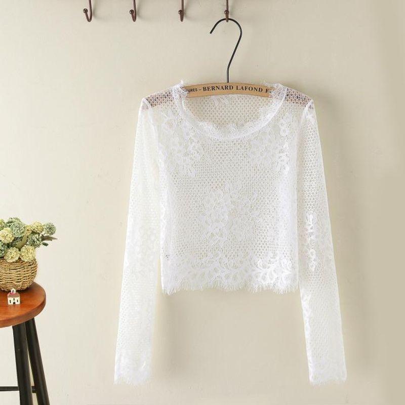 

Neck Pullover Cotton Mesh Blouse Long Sleeves T-shirt Spring and Summer New Versatile Short European and American Style Lace Mesh Women s T-shirt White eyelash collar XL