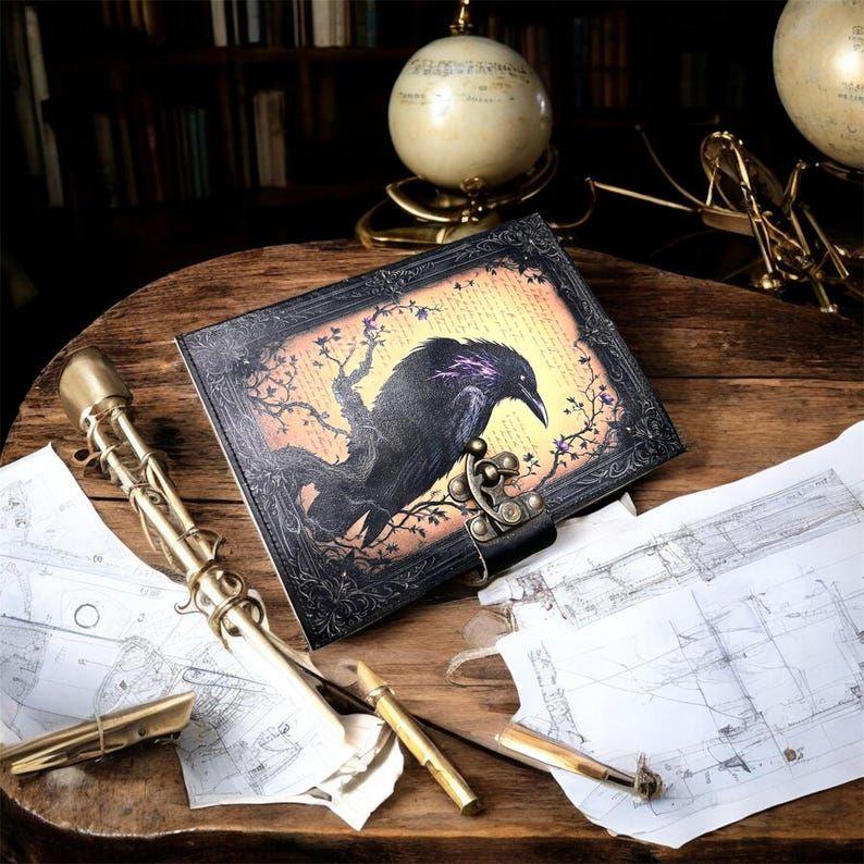 Raven Leather Journal with Antique Lock | Gothic Vintage Notebook | Handmade Writing Diary