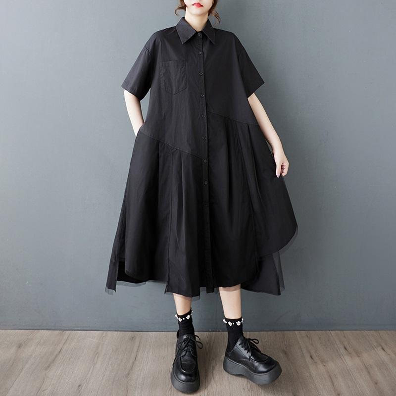 Short Sleeve Plus Size Black Cotton Mesh Vintage New In Dresses for Women Casual Loose Long Summer Shirt Dress
